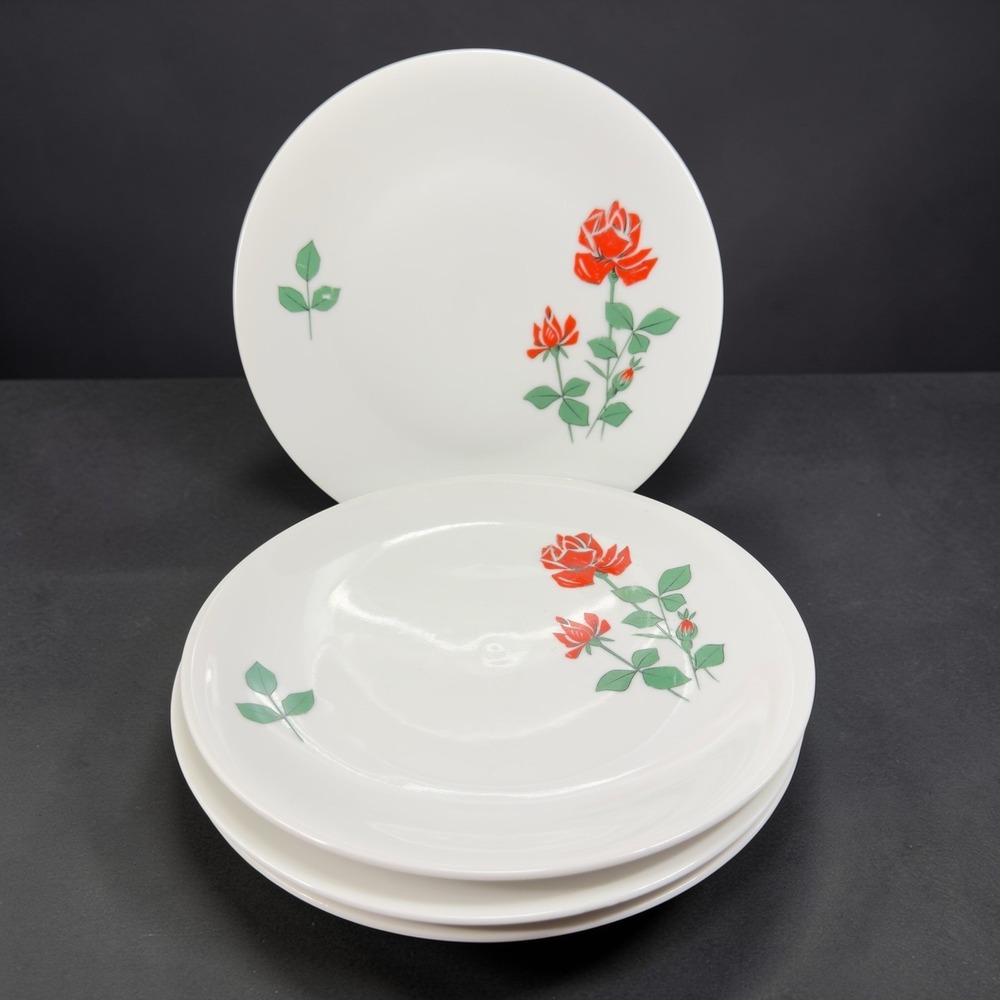 Seltmann Weiden Bavaria Red‎ Rose Porcelain Plates Dishes Set of 4 Germany Decor